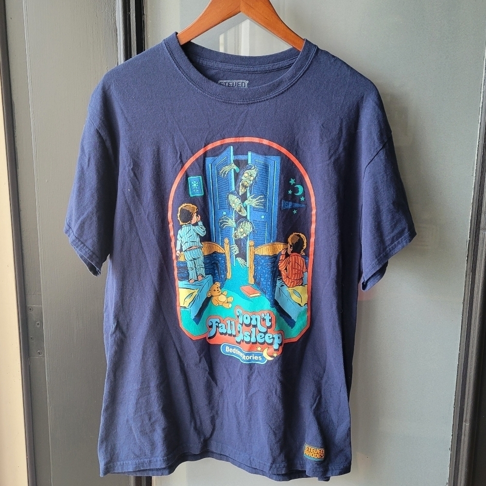 Steven Rhodes Bedtime Stories T-Shirt DON'T FALL ASLEEP Navy Blue Size LARGE
